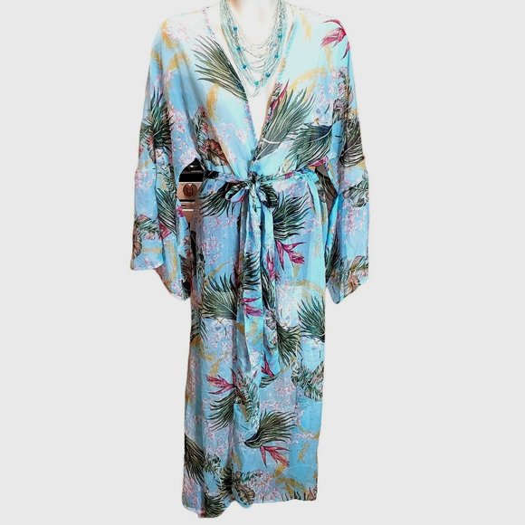 Gigio Long Sheer  Kimono Duster L Blue Tropical Floral Boho Peasant Hippie - Picture 1 of 10